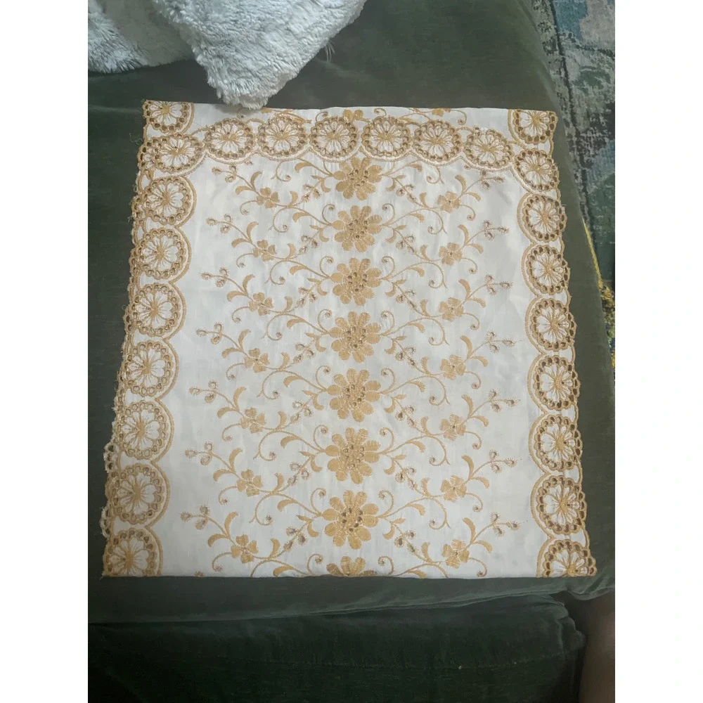 Vtg Embroidered Dresser Scarf Table Runner Ecru Eyelet  16x28 gold Yellow Floral